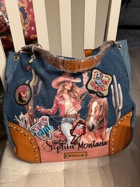 Nicole Lee Blue Denim Tote with Tan Accents and Pink Graphic